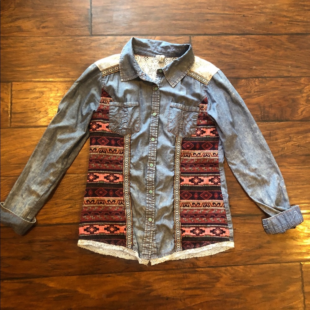 Chambray Button Up with Aztec and Lace Detail
